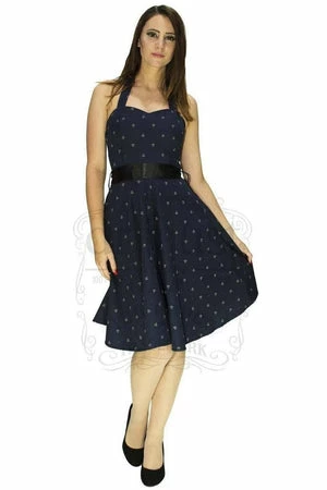 Dr Faust White Anchors Nautical Navy Midi Dress - Gabriella