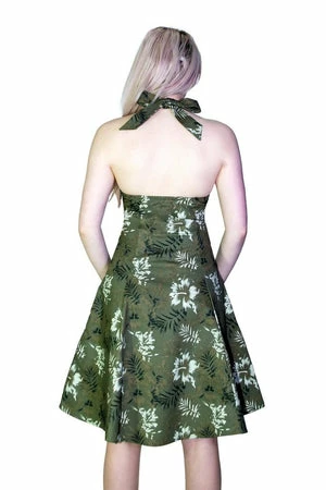 Dr Faust White And Bronze Flowers Green Retro Midi Dress - Laurie - Image 2