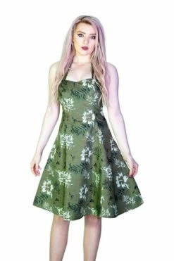 Dr Faust White And Bronze Flowers Green Retro Midi Dress - Laurie