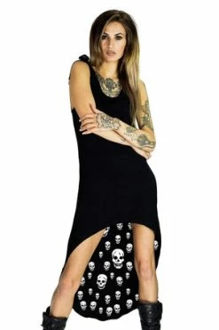 Dr Faust White Inner Skulls Nu Goth Black High-Low Dress - Raven