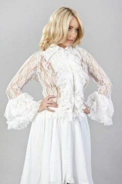 Burleska Widow Long Sleeve Ladies Vintage Shirt In White Stretch Lace