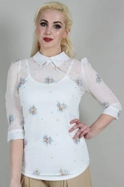 Voodoo Vixen Wonder White Chiffon Floral Embroidered Blouse