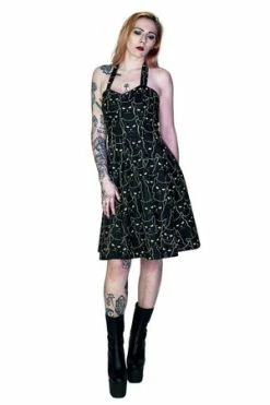 Dr Faust Yellow Evil Cats Black Midi Dress - Katz