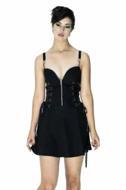 Dr Faust Zip Up Front D-Ring Black Mini Dress - Nylah