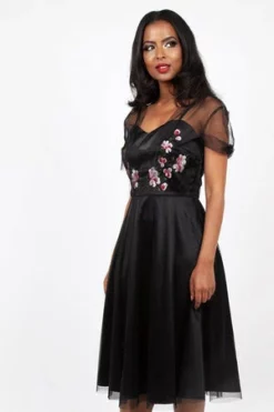 Voodoo Vixen Zoe Black Dress With Floral Emboidery
